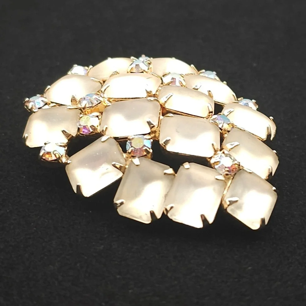 Vtg Frosted Glass Aurora Borealis Rhinestone Brooch Statement Gold Tone Wedding